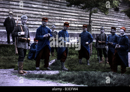 events, First World War / WWI, prisoners of war, French soldiers and German guards, photo postcard, coloured, 1914,