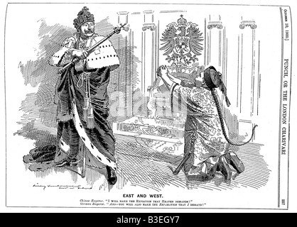 geography / travel, China, Boxer Rebellion 1900, Emperor of China Guang Hsu in front of the German Emperor William II, caricature from 'Punch', 10.10.1900, Stock Photo