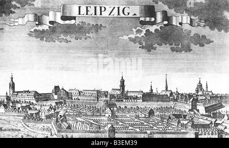 geography / travel, Germany, Leipzig, city views / cityscapes, engraving by F. B. Werner, late 18th century, historic, historical, Europe, citywall, moat, city view, cityscape, inscript, Stock Photo