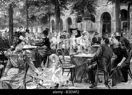 geography / travel, Germany, Munich, gastronomy, café, sunday afternoon in Hofgarten, engraving, 1898, Stock Photo