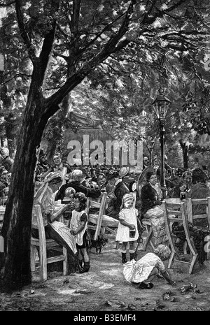 geography / travel, Germany, Munich, gastronomy, beer garden, 'Biergartenkonzert', engraving after painting by Max Liebermann, 1885, Stock Photo