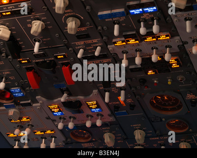 Top control panel inside Boeing 737 cockpit photographed in flight simulator at Seppe Airport Noord Brabant the Netherlands Stock Photo