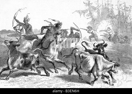 geography/travel, USA, people, Native Americans stealing cattle, engraving after drawng by Lössing, 19th century, America, historic, historical, Lossing, Loessing, fighting, Stock Photo