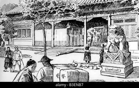 geography / travel, China, Boxer Rebellion 1900, British embassy, contemporary wood engraving, last refuge of European people, pavilion, drawing by Kulas, after photography, 1900, Asia, historic, historical, colonial war, colonialism, imperialism, Imperial period, lion statue, 20th century, 1900s, Stock Photo