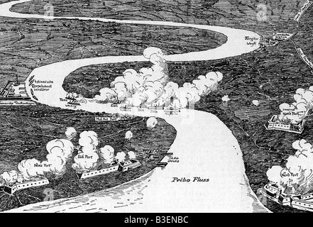 geography / travel, China, Boxer Rebellion 1900, attack of the international fleet at Taku Forts, 16.6.1900, drawing by Paul Brockmueller, after sketch by navy officer, Stock Photo