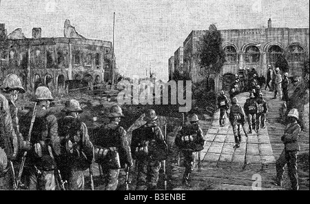 geography / travel, China, Boxer Rebellion 1900, arrival of First German Navy Battalion in Tientsin, late July 1900, contemporary wood engraving, Asia, navy infantry, historic, historical, soldiers, colonial war, colonialism, imperialism, Imperial period, Germans, army, military, 20th century, people, 1900s, Stock Photo