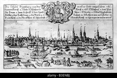 geography / travel, Germany, Hamburg, city views / cityscapes, with several buildings, churches and ships, engraving by Johann Georg Rinoph, circa 1730, Stock Photo