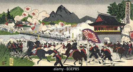 First Sino-Japanese War, 1894 - 1895, battle of Ping Jang 14. / 15.9.1894, attack of Japanese under General Oshima, contemporary Japanese woodcut by Noshu, Korea, infantry, river, bridge, soldiers, flag, Asia, China, historic, historical, 19th century, military, 1930s, 20th century, people, Stock Photo