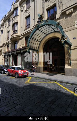 Art Nouveau ornamental canopy over the side entrance to the Prague Kavarna Obecni Dum, the Municipal House Stock Photo