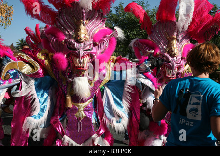 Carnival participants dressed up as Diablos Cojuelo performing during Carnaval Vegano in La Vega, Dominican Republic Stock Photo
