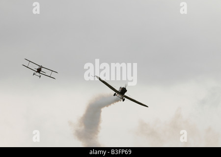 German Junkers CL.1 being chased by British SE5a fighter WW1 fighter displaying at Farnborough Air Show 2008 Stock Photo