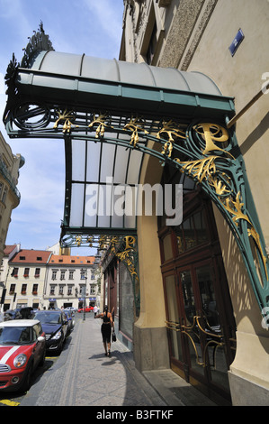 Art Nouveau ornamental canopy over the side entrance to the Prague Kavarna Obecni Dum, the Municipal House Stock Photo