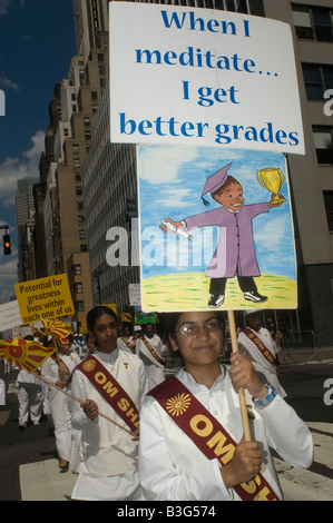 Members of the Brahma Kumaris march in the Indian Independence Day Parade in New York Stock Photo