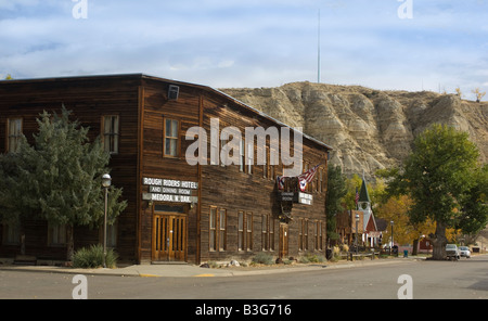 Historic Rough Riders Hotel and Dining Room is a landmark in Medora North Dakota Stock Photo