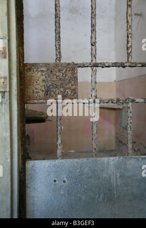 one old derelict prison cell with metal bar door Stock Photo