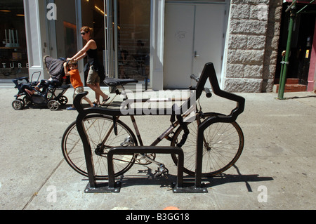 A bike rack in Greenwich Village in New York entitled The Villager designed by former Talking Heads member David Byrne