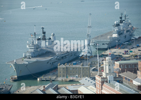 HMS Ark Royal left and HMS Illustrious right in dock at Portsmouth in 2008 Stock Photo