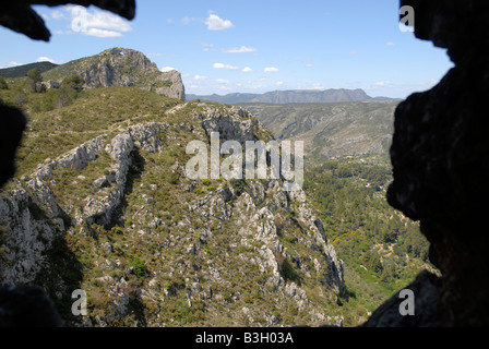 view from troglodyte Moorish watchtower, Talaia de la Foradada, Sierra de la Forada, Alicante Province, Comunidad Valenciana Stock Photo