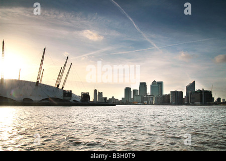 The O2 arena and Canary Wharf London, aerial view at dusk looking over ...