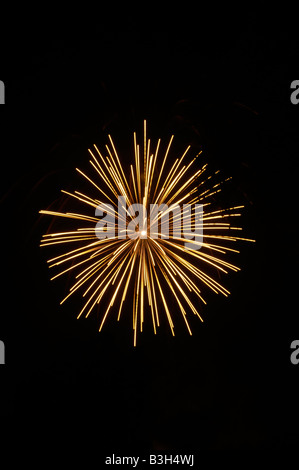 Single golden firework burst against black night sky, minimal celebration background Stock Photo