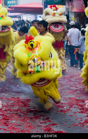 A Chinese lion dance in the streets outside Zhenlan Temple, Dajia, Taiwan, Republic of China (ROC) Stock Photo