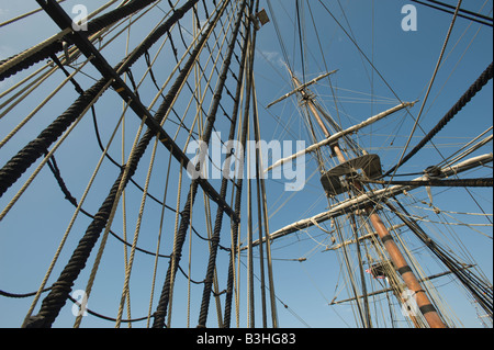 Detail of rigging of old tall sailing ship. Stock Photo