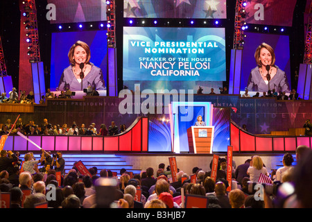 Speaker of the House Nancy Pelosi speaks about Joe Biden at the 2008 Democratic National Convention Stock Photo
