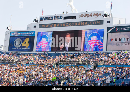 Howard Dean's speech is shown over the large screen at Invesco Field Denver Co Stock Photo