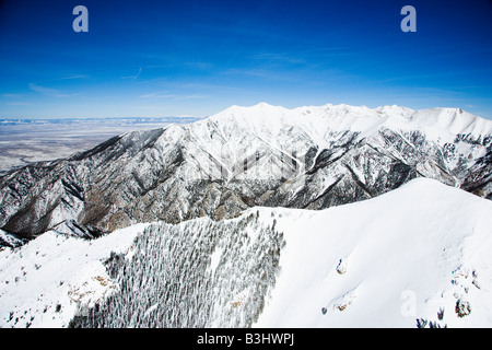 Aerial scenic of snowy Sangre De Cristo Mountains Colorado United States in winter Stock Photo