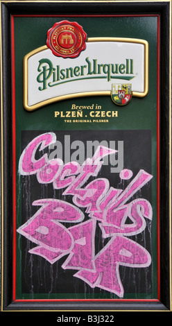Prague cocktails bar blackboard with advertisement for the Czech brewed Pilsner Urguell beer Stock Photo