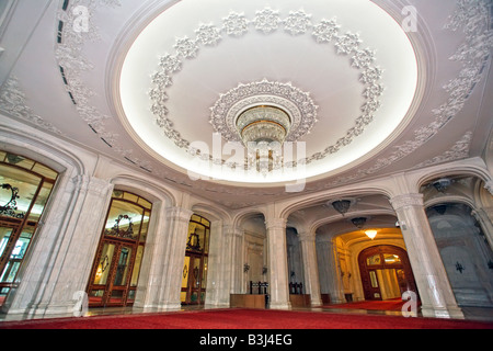 ceiling with crystal chandelier in Bucharest parliament palace Stock Photo