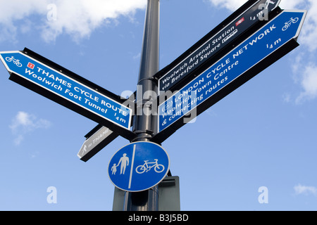 Direction sign on The Thameside walkway at Woolwich London UK Stock Photo
