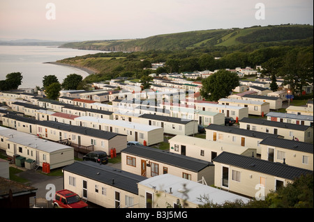 Caravan site on Welsh coast (Cardigan Bay) near New Quay at evening Stock Photo