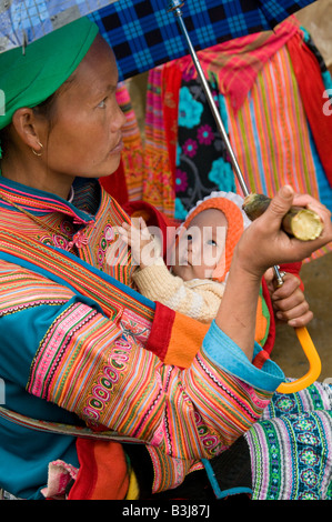 A Flower Hmong mother cradles her baby in a sling while eating a stick of raw sugar cane Stock Photo