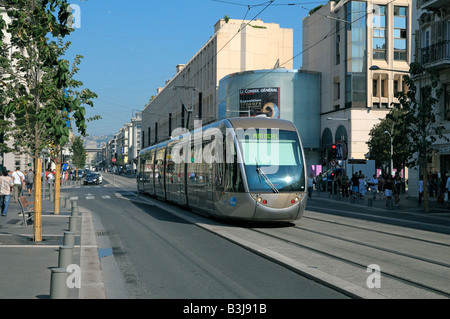 Nice Cote dAzur France - Avenue Jean Medecin, the main street of Nice with the newly operational tram in 2008- French Riviera Stock Photo