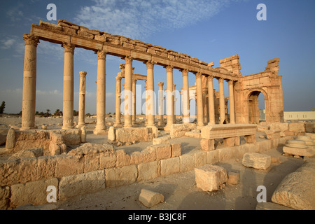 Triumphal arch and colonnade at the ruins of Palmyra, Syria Stock Photo