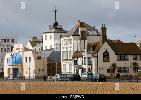 View of the seafront in Deal Kent including the famous Time Ball Tower Stock Photo