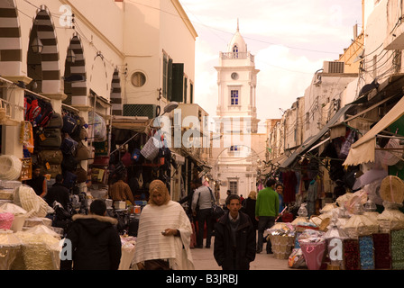 Entrance to Medina with Ottoman Clock Tower in background, Medina, Tripoli, Libya, north Africa. Stock Photo