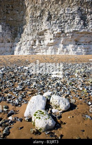 White chalk cliffs at Joss Bay in Kent with flints eroded out of the rock piled up on the beach Stock Photo