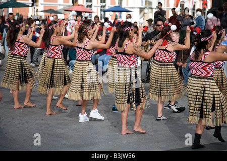 Maori ladies women perform in cathedral square,Christchurch,south island,New Zealand Stock Photo