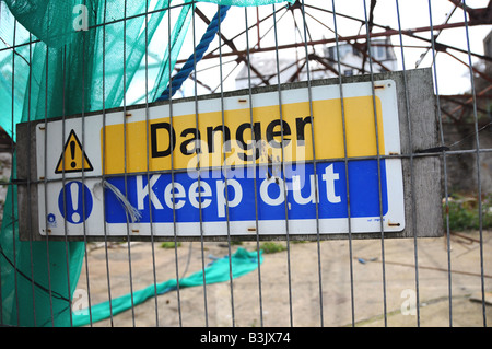 Keep out sign on a demolition site, Conwy, North Wales Stock Photo