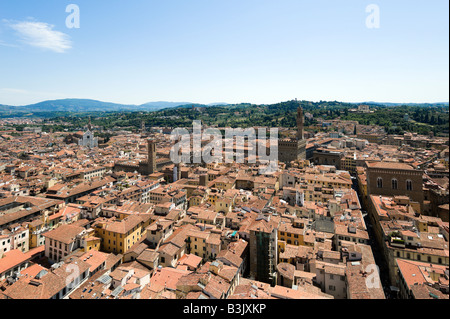 View over the city towards the River Arno and the Palazzo Vecchio from the Campanile, Florence, Tuscany, Italy Stock Photo