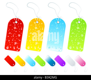 Vector illustration of beautiful season tags and labels in various shiny gradients Four with wet weather drop details Stock Photo