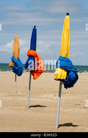 July 2008 - Colorful umbrellas on the beach in Deauville Normandy France Stock Photo