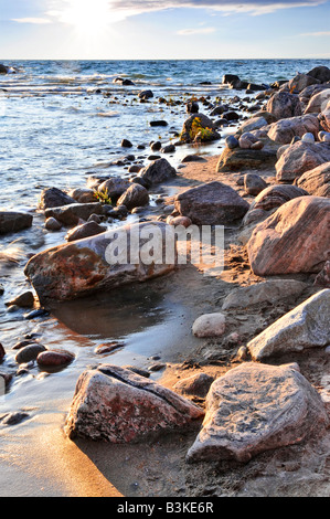 Sunset at the rocky shore of Georgian Bay Canada Awenda provincial park Stock Photo