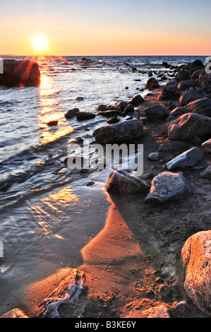 Sunset at the rocky shore of Georgian Bay Canada Awenda provincial park Stock Photo