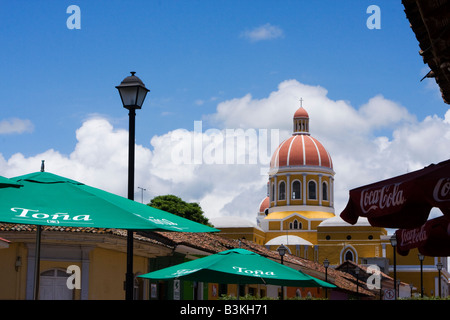 General view of the Cathedral of Granada viewed form the recently renovated Calle La Calzada in Nicaragua Stock Photo