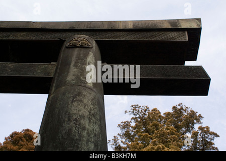 A detail from a tori gate at the Toshogo Shrine of Shogun Tokugawa Ieyasu in Nikko, Japan. The gate bears the clover symbol. Stock Photo