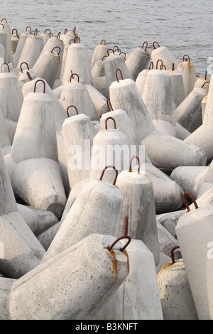 Concrete sea defence bollards to protect the coast from coastal erosion Stock Photo