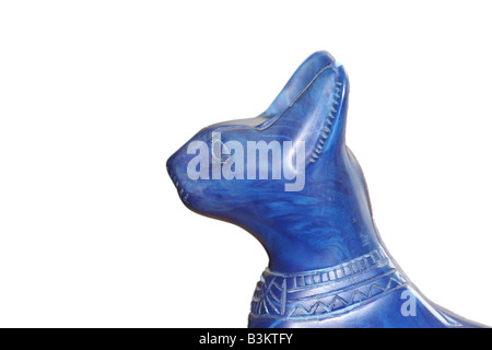 A profile view of a blue soapstone carved statue of the Egyptian Cat Goddess Bastet Stock Photo